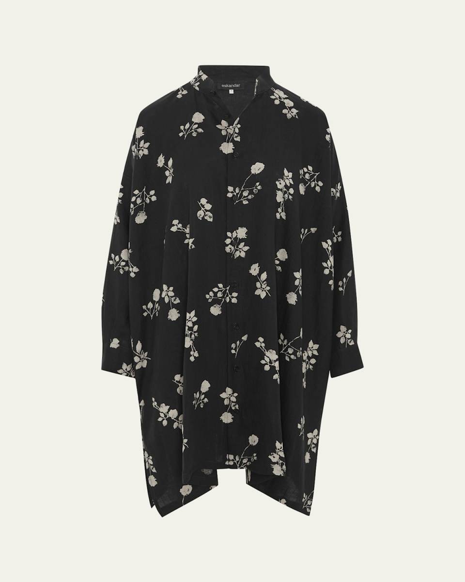 Wide A-Line Collarless Shirt With Slits (Very Long Length)